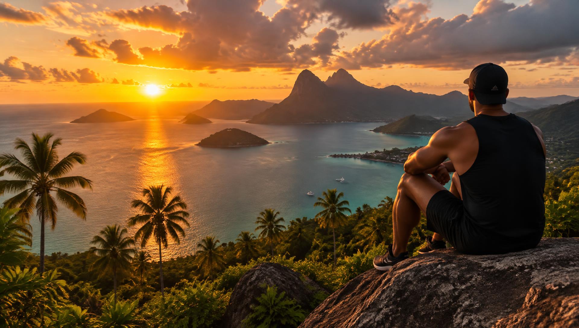 Athlete overlooking a tropical ocean at sunset